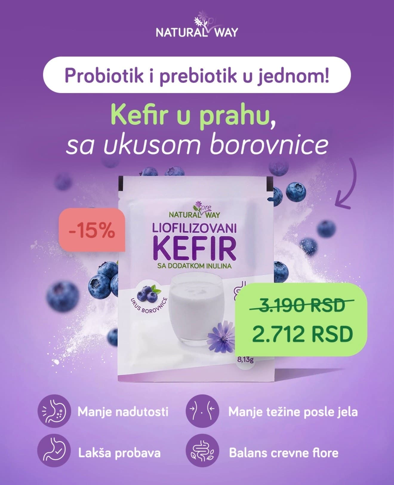 LIOFILIZOVANI KEFIR U PRAHU SA INULINOM I DODATKOM BOROVNICE AKCIJA -15%